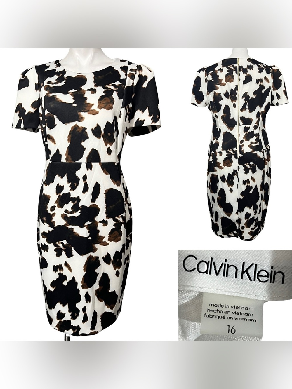 Calvin Klein dress plus size 16 white/Brown Cow-Print Sheath stretch rodeo
